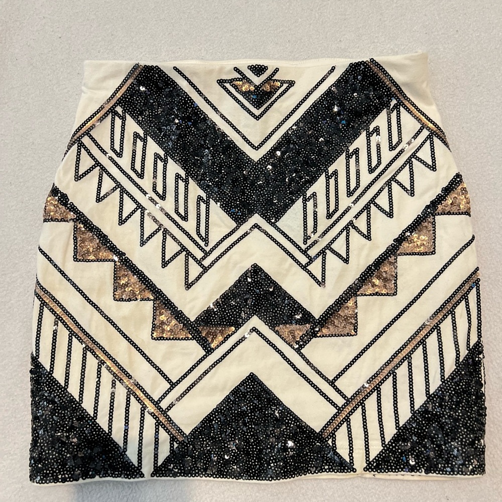 Express Black and Cream Geometric Sequin Pencil Skirt